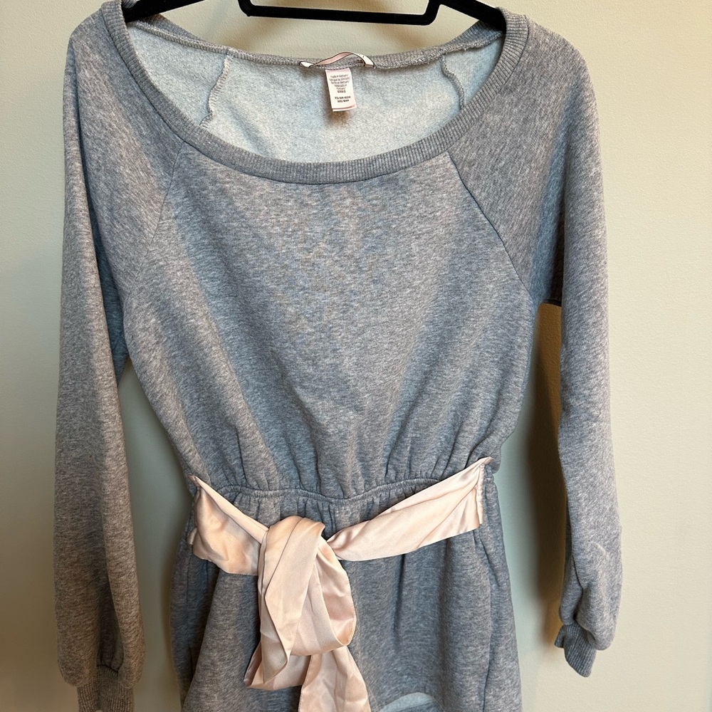 Gray Long Sleeve Sweatshirt Romper with Pink Belt